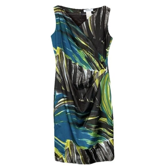 Max Mara Italy Tropical Palm Leaf Pleated Cocktail Dress Green Blue Size US 10 - Picture 1 of 9